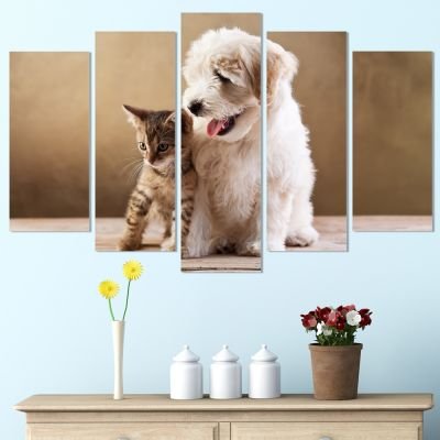 Декоративeн панел за стена с домашна идилия - кученце и котенце Vivid Home