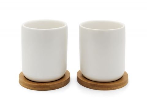 Сет от 2 броя керамични чаши за чай с бамбукови подложки 200 мл Umea Bredemeijer, бели