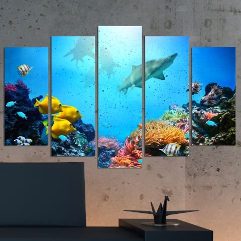 Декоративен панел за стена с уникален цветен изглед от морското дъно с акули Vivid Home