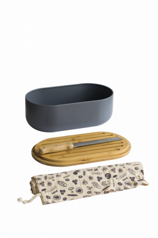 Кутия за хляб с дъска, нож и торбичка за хляб Pebbly - тъмносива