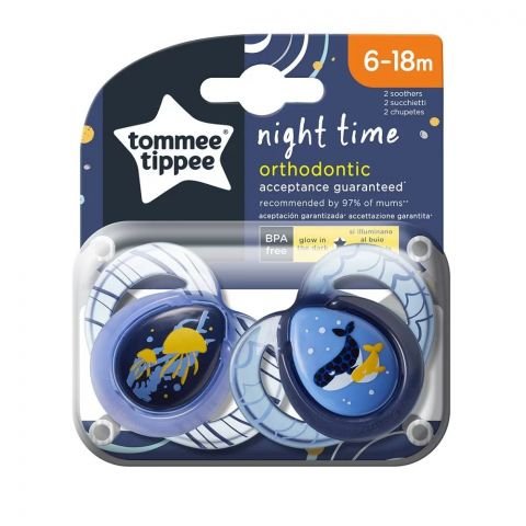 Ортодонтични залъгалки Tommee Tippee NightTime 6-18 м, 2 броя - Китове