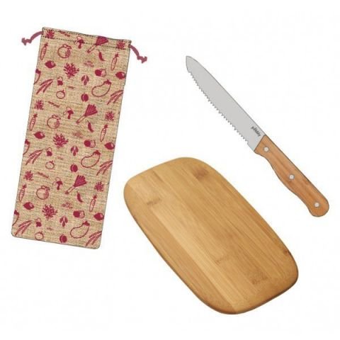 Комплект за колбаси Pebbly - дъска, нож и торбичка за съхранение