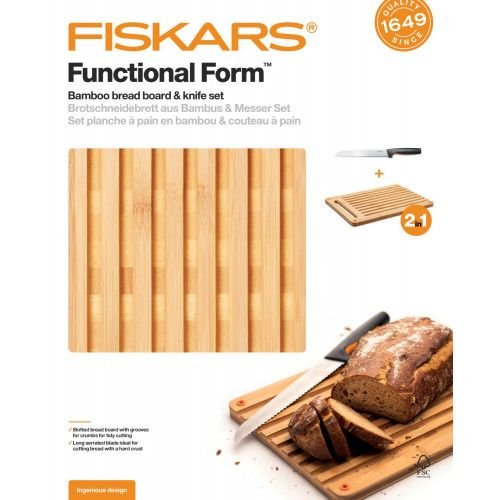 Бамбукова дъска и нож за хляб Fiskars Functional Form