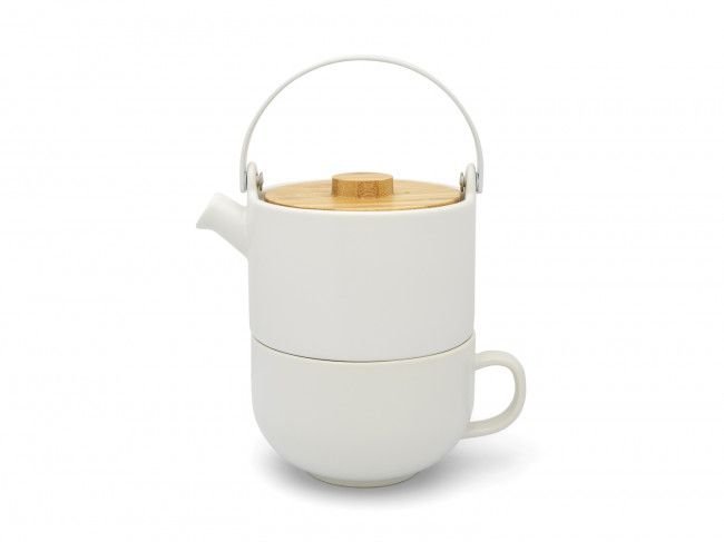 Керамичен сет за чай с филтър и бамбуков капак Bredemeijer Umea 0,5 л - бял 