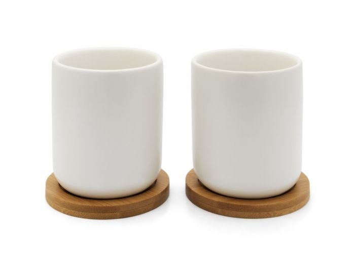 Сет от 2 броя керамични чаши за чай с бамбукови подложки 200 мл Umea Bredemeijer, бели