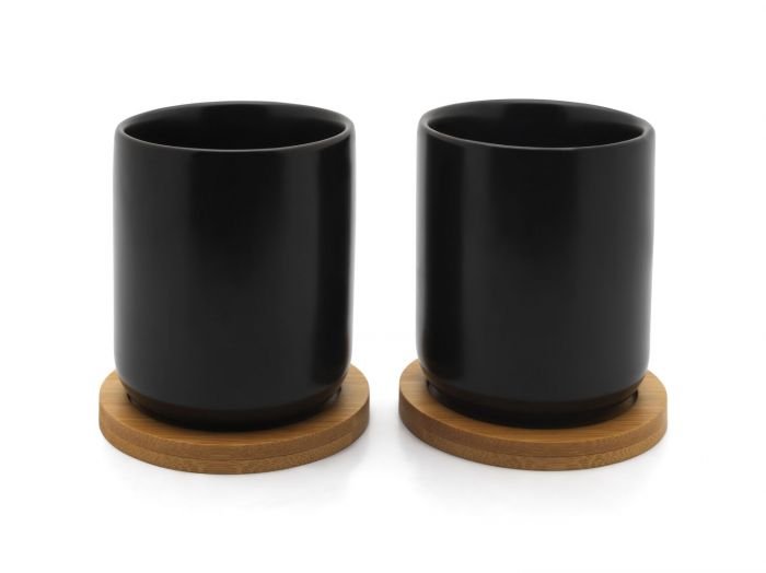 Сет от 2 броя керамични чаши за чай с бамбукови подложки  200 мл Umea Bredemeijer, черни