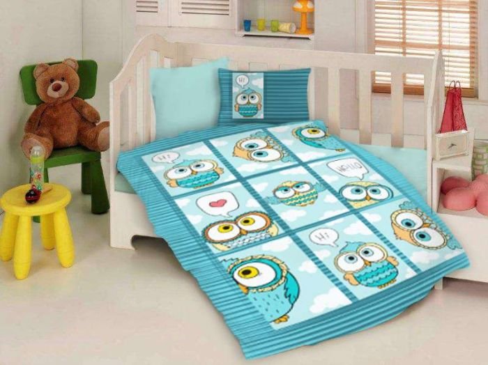 Бебешки спален комплект от 3 части PNG “Син бухал”