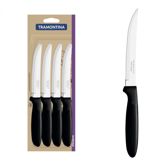 Комплект ножове за стек с черна дръжка Tramontina Ipanema, 12 броя блистер