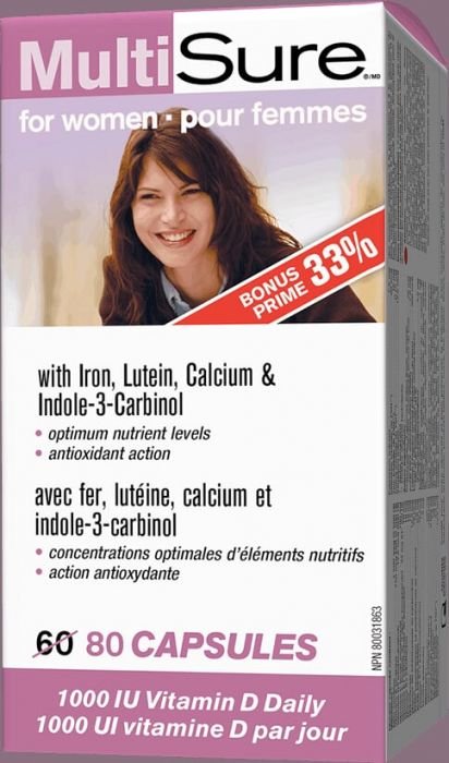 Мултивитамини за жени (е желязо, лутеин, калций и индол-3-карбинол) Webber Naturals, 80 капсули