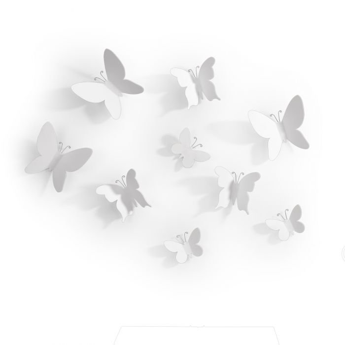 Комплект декорация за стена Umbra Mariposa - 9 броя пеперуди - 3 размера - цвят бял