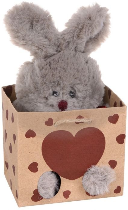 Плюшена играчка Morgenroth Plusch - Сиво зайче със сърце в торбичка, 12 cм