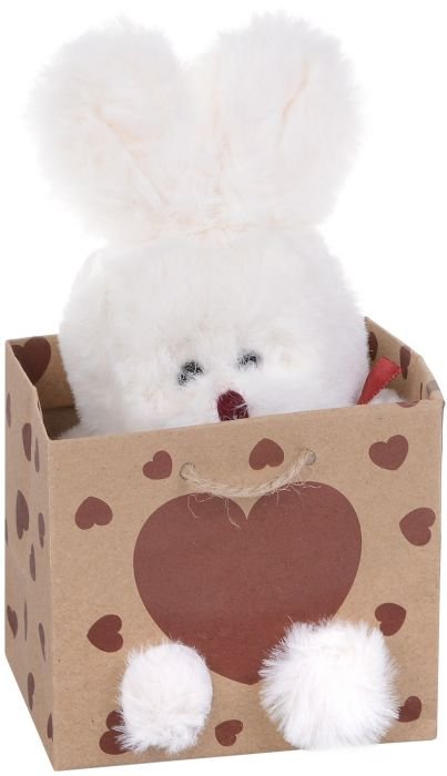 Плюшена играчка Morgenroth Plusch - Бяло зайче със сърце в торбичка, 12 cм