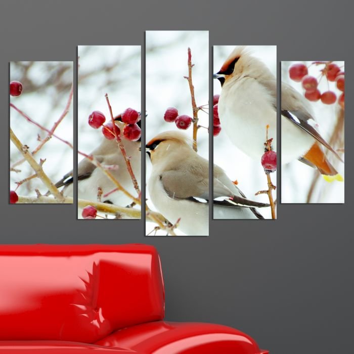 Декоративен панел за стена с редки бели птици на клонче с червени плодове Vivid Home