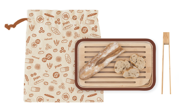Комплект за хляб Pebbly - дъска, щипка и торбичка за съхранение