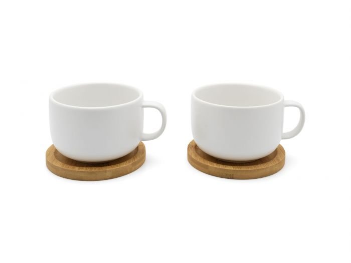 Сет от 2 керамични чаши за чай с бамбукови подложки Bredemeijer Umea - бели, 250 мл