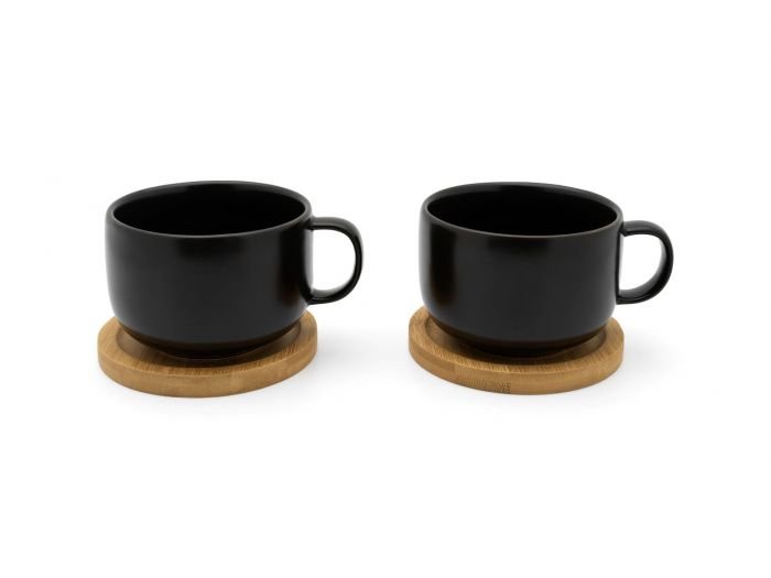 Сет от 2 керамични чаши за чай с бамбукови подложки Bredemeijer Umea - черни, 250 мл