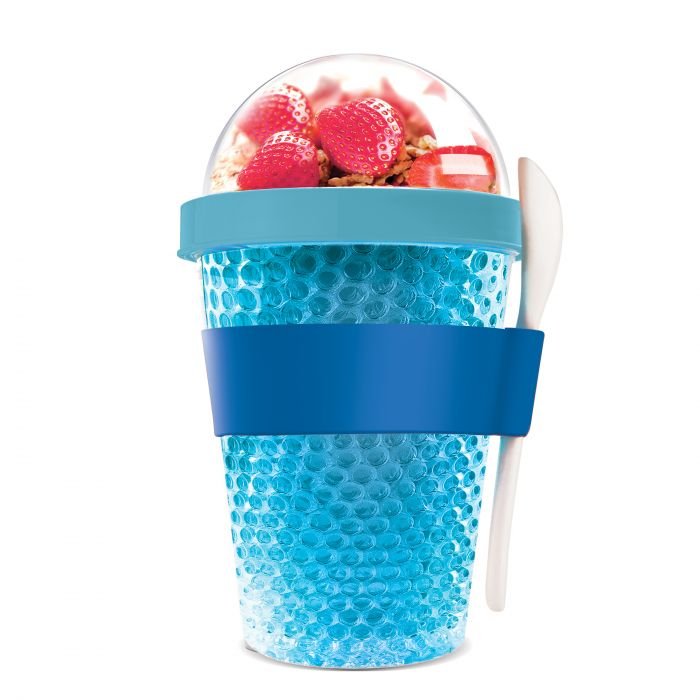 Двустенна охлаждаща чаша с прибор Asobu Chill Yo 2 Go - цвят син