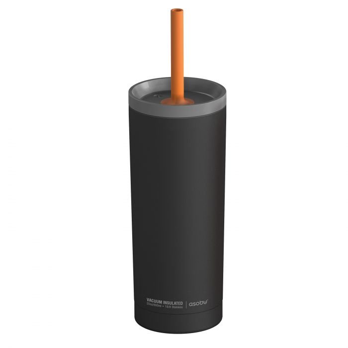 Двустенна термо чаша със силиконова сламка Asobu Superb Sippy 600 мл - цвят черен