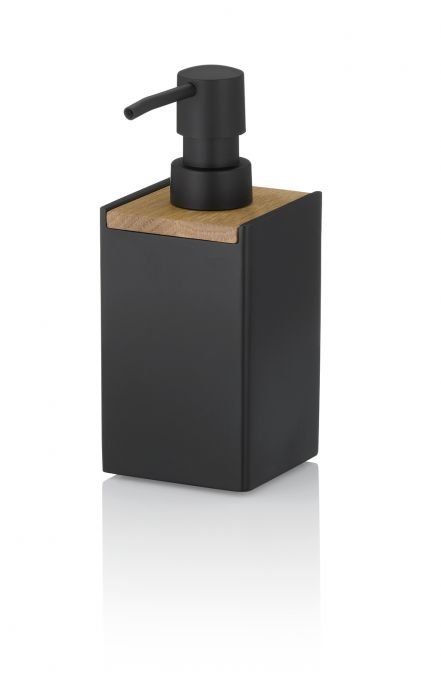 Диспенсър за течен сапун Kela Cube - черна с дървен елемент, 300 мл