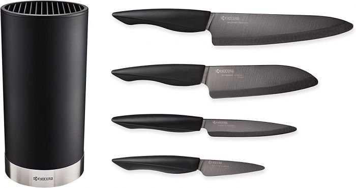 Комплект 4 броя керамични ножове + блок за ножове Kyocera Shin