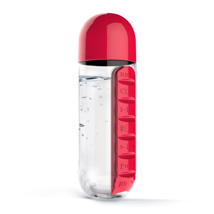 Бутилка за течности с органайзер за хапчета Asobu In Style 600 мл - цвят червен