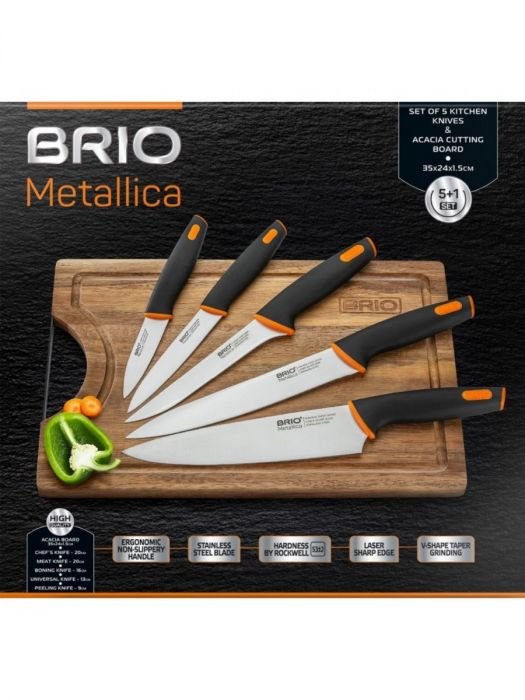 Комплект от 5 броя кухненски ножове Brio Metallica с акациева дъска, 9 см