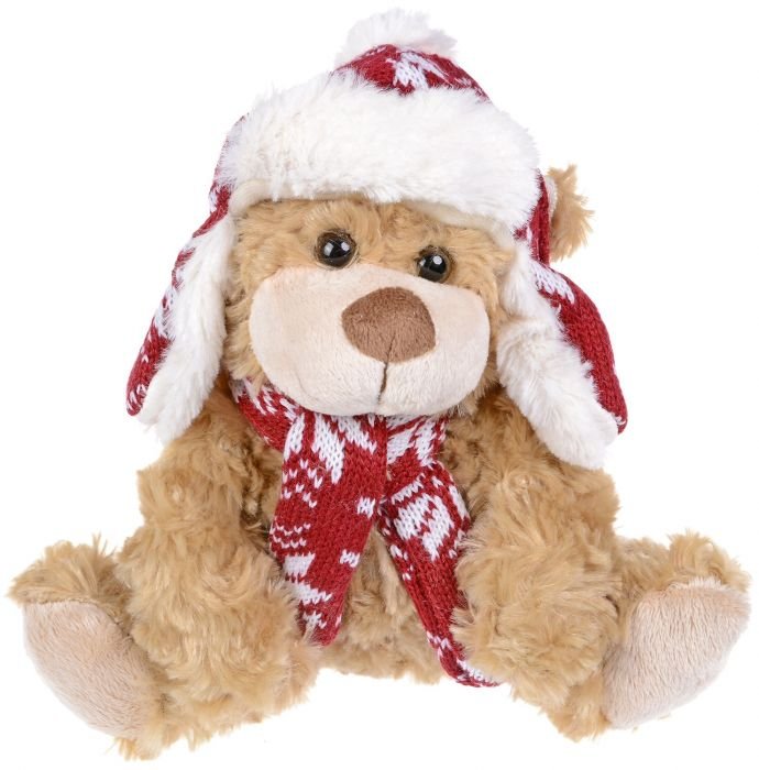 Плюшена играчка Morgenroth Plusch – Меченце с червена плетена шапка и шал, 24 cм