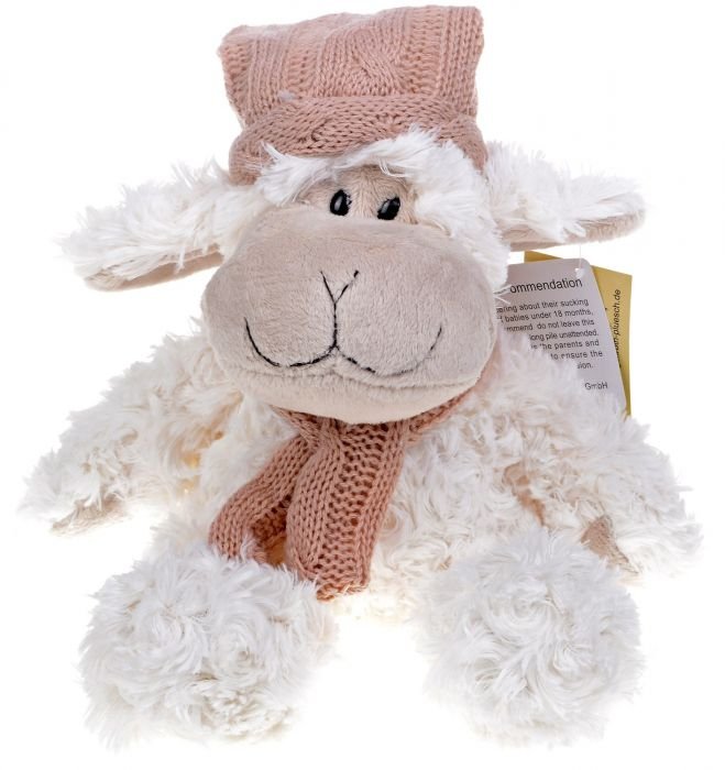 Плюшена играчка Morgenroth Plusch – Зимна овчица с розова шапка и шал, 25 cм