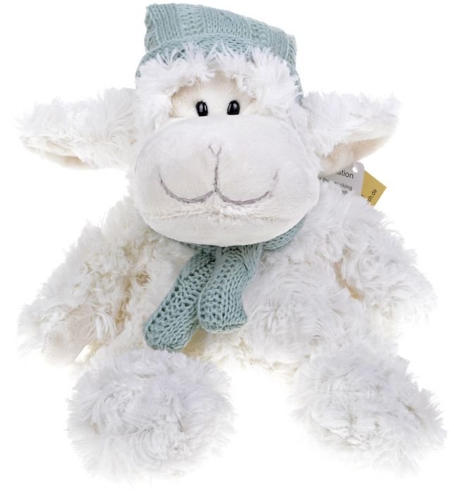 Плюшена играчка Morgenroth Plusch – Зимна овчица със синя шапка и шал, 25 cм